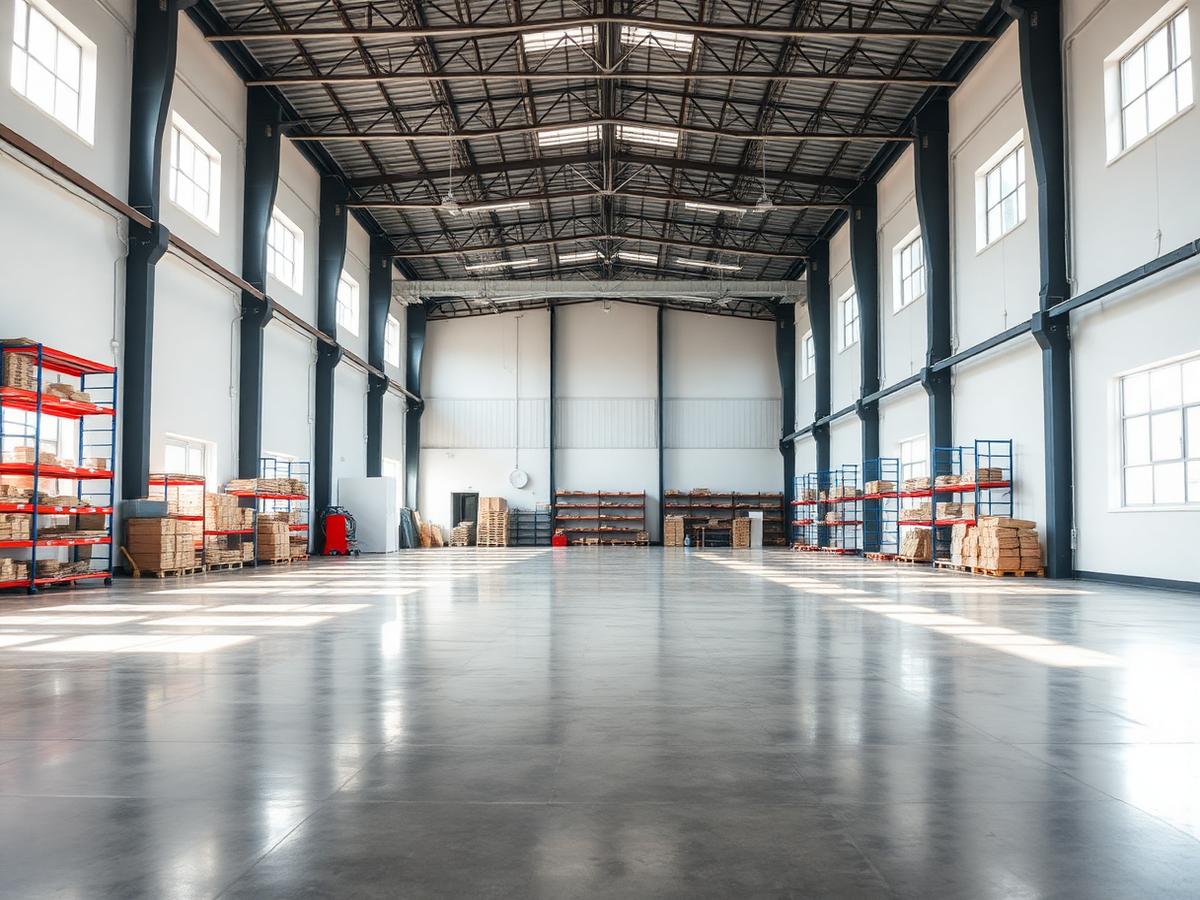 Nave industrial limpia con suelo pulido